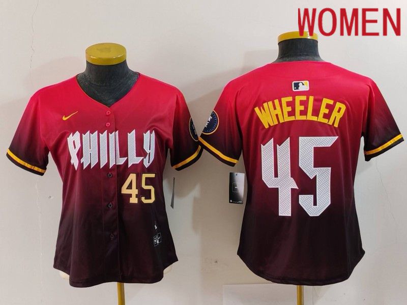 Women Philadelphia Phillies #45 Wheeler Red City Edition 2024 Nike MLB Jersey style 2